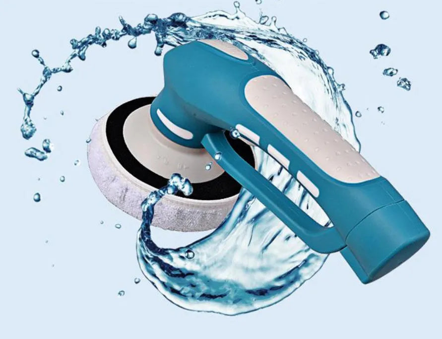 Blue cordless car polishing machine with 3.6V rated voltage, 1-2 hour working time, and EU specification