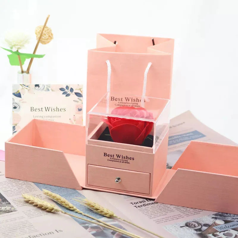 Valentine's Day gift jewellery box with plastic eternal rose in blue, green, grey, and pink colour options.