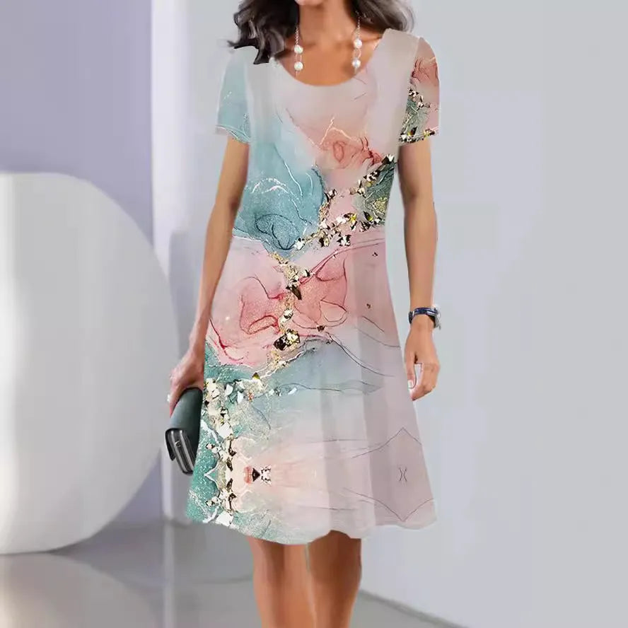 A-line floral print summer dress with short sleeves and a round neck, made from light ice silk fabric.