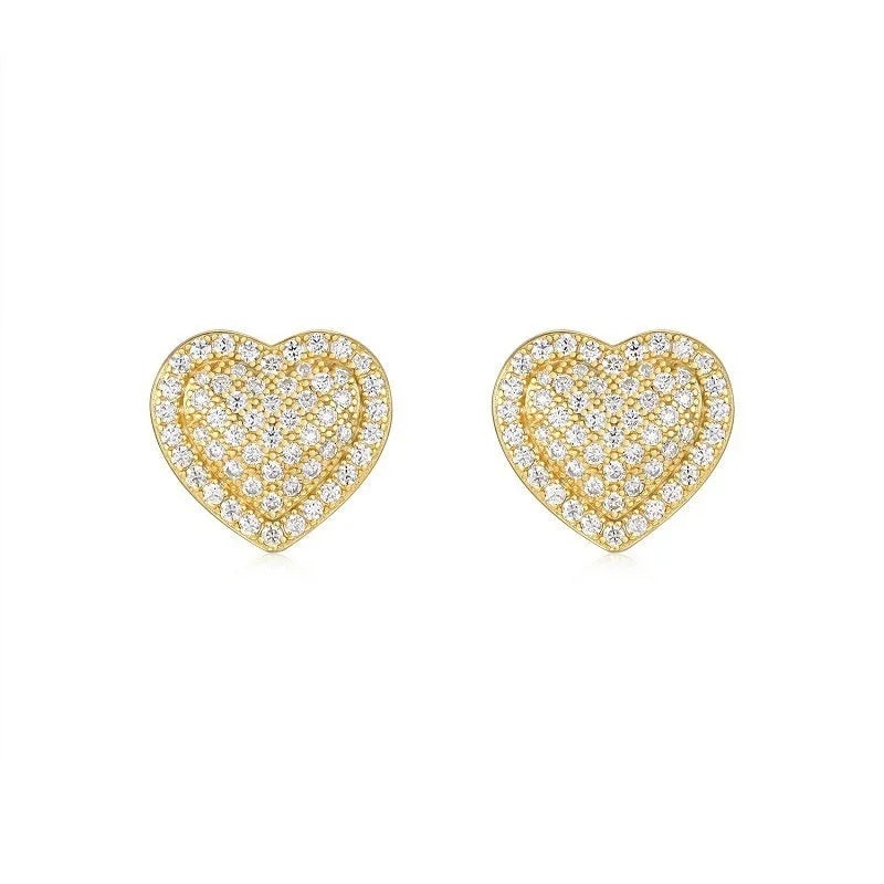 Golden heart-shaped stud earrings with moissanite stones on S925 silver
