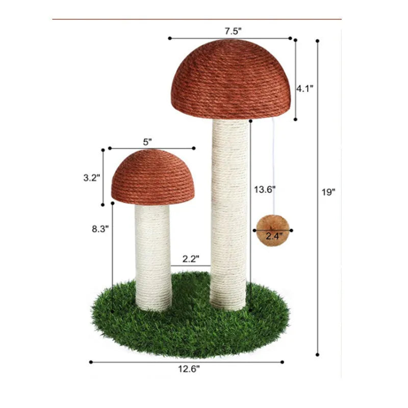 Natural linen mushroom cat scratch post in coffee colour with cotton rope and dangling ball