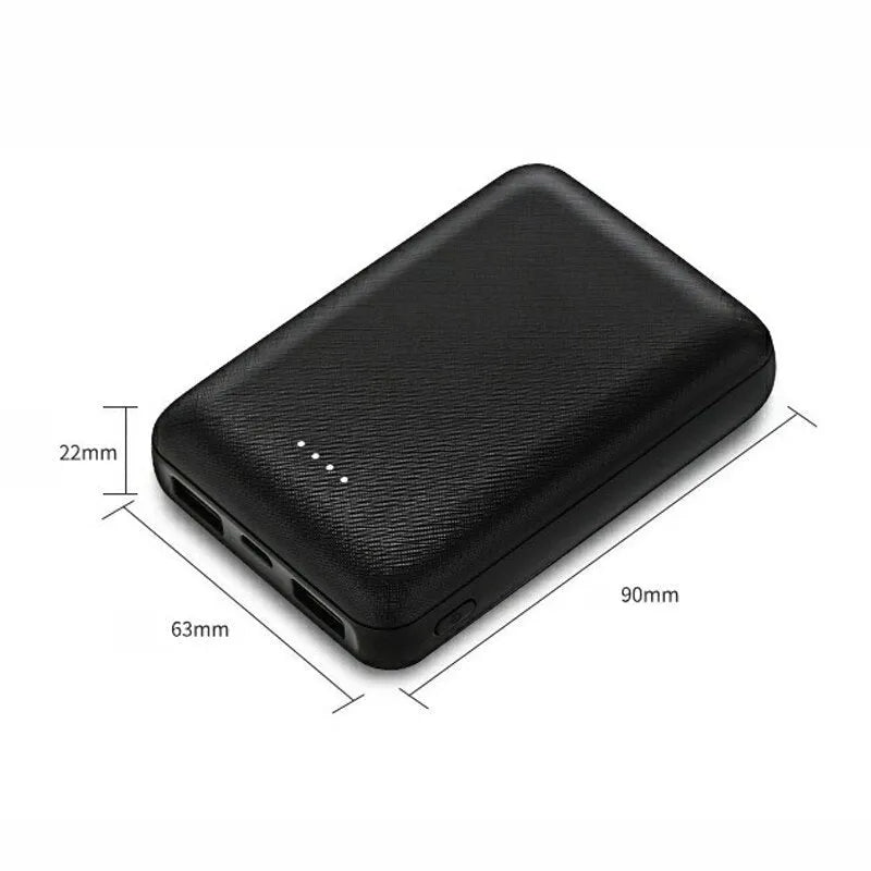 Ultra-thin 10,000mAh power bank measuring 90x63x22mm with multiple USB ports in black or white colour