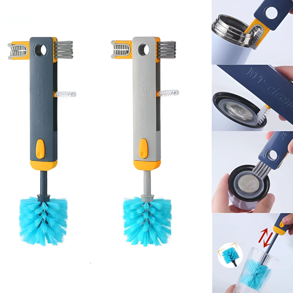 Blue and grey 4-in-1 multifunctional cup cleaning brush set with silicone head and wire gap cleaner.