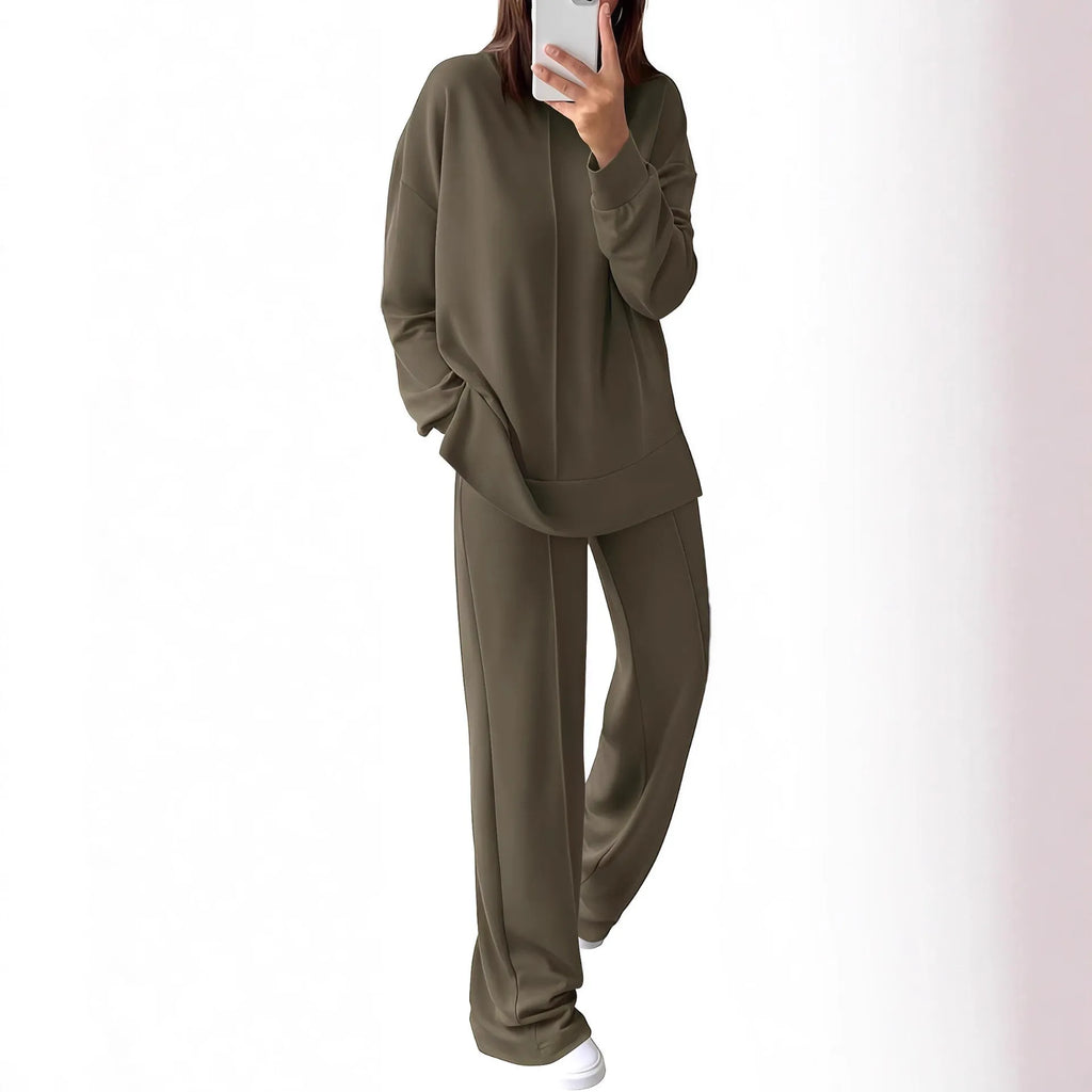 Women's army green polyester jogging suit set with long sleeve top and matching trousers