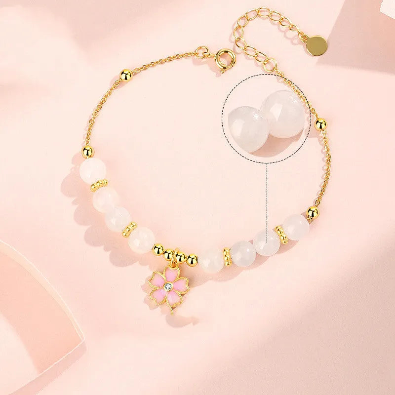 S925 silver cherry blossom pendant bracelet with Hetian jade beads, pink floral women's jewellery