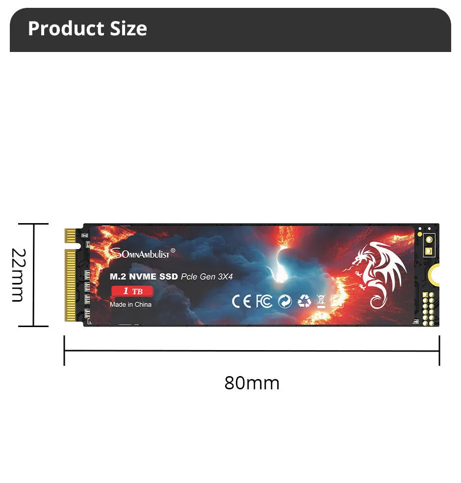 M.2 2280 form factor NVMe solid state drive for desktop computer installation.