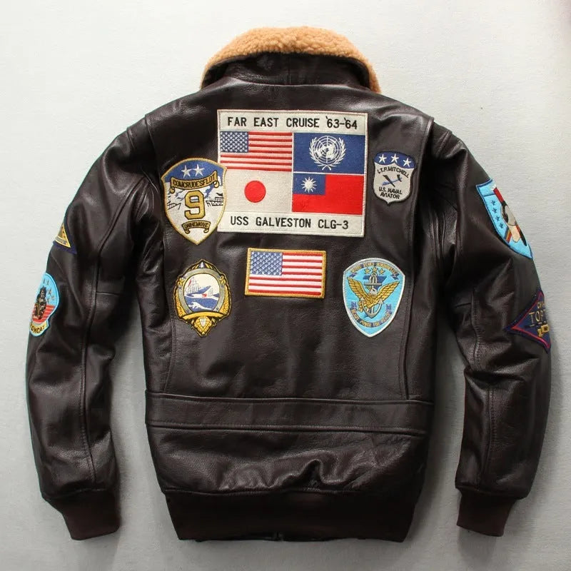 Men's embroidered cowhide leather motorcycle jacket, short zip front, brown or black, sizes S to XXXL