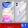 Tempered glass screen and rear protector for Apple iPhone models on a table.