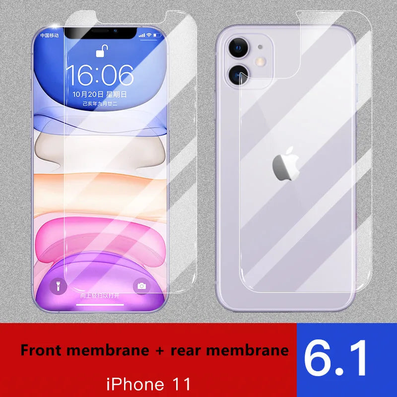 Tempered glass screen and rear protector for Apple iPhone models on a table.