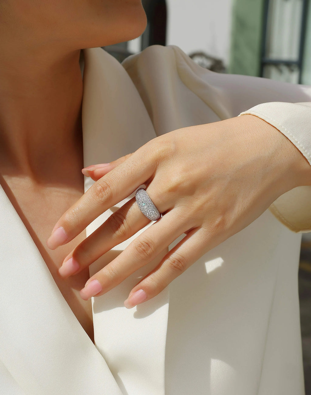 Moissanite wedding ring set in S925 silver with platinum plating, starry night design, on a white background