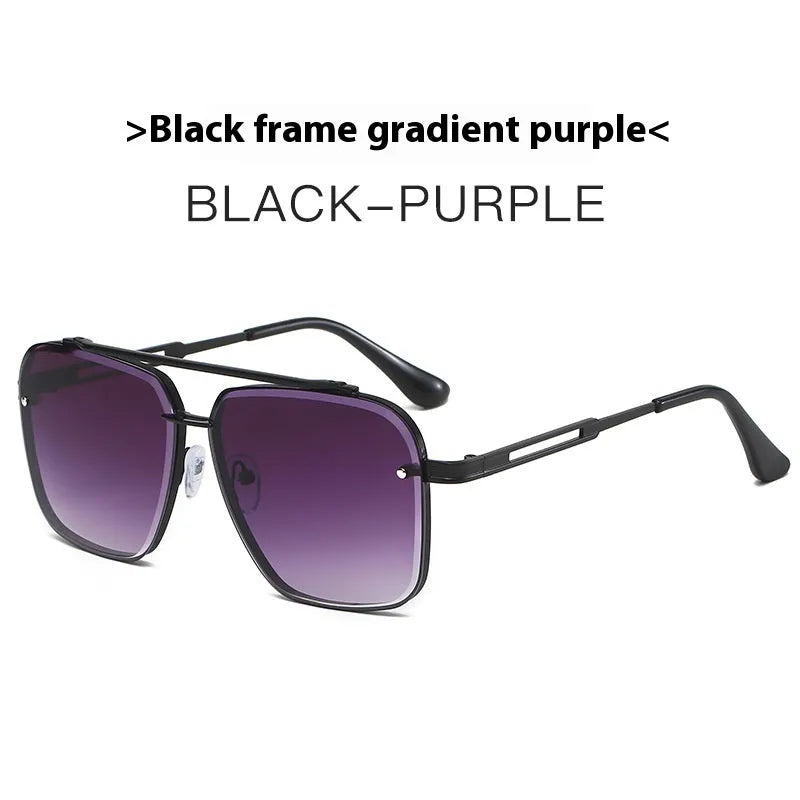 Men's double beam trimmed metal box sunglasses with UV400 protection in black frame and grey patches