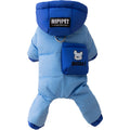 Blue padded dog snowsuit with hood and Hello bear print on front for small and medium breeds
