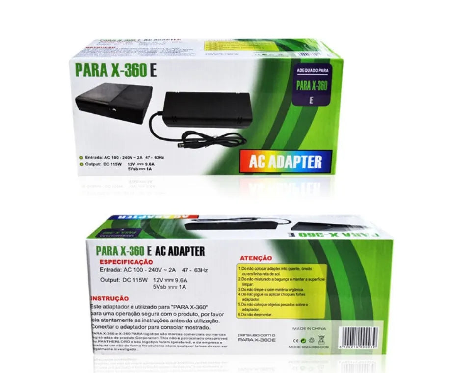 Black Microsoft XBOX 360E AC power adapter with regional plug options for 110V console models