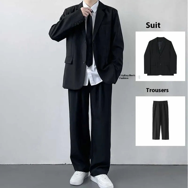 Plus size men's college style suit set with jacket, trousers, white shirt and tie