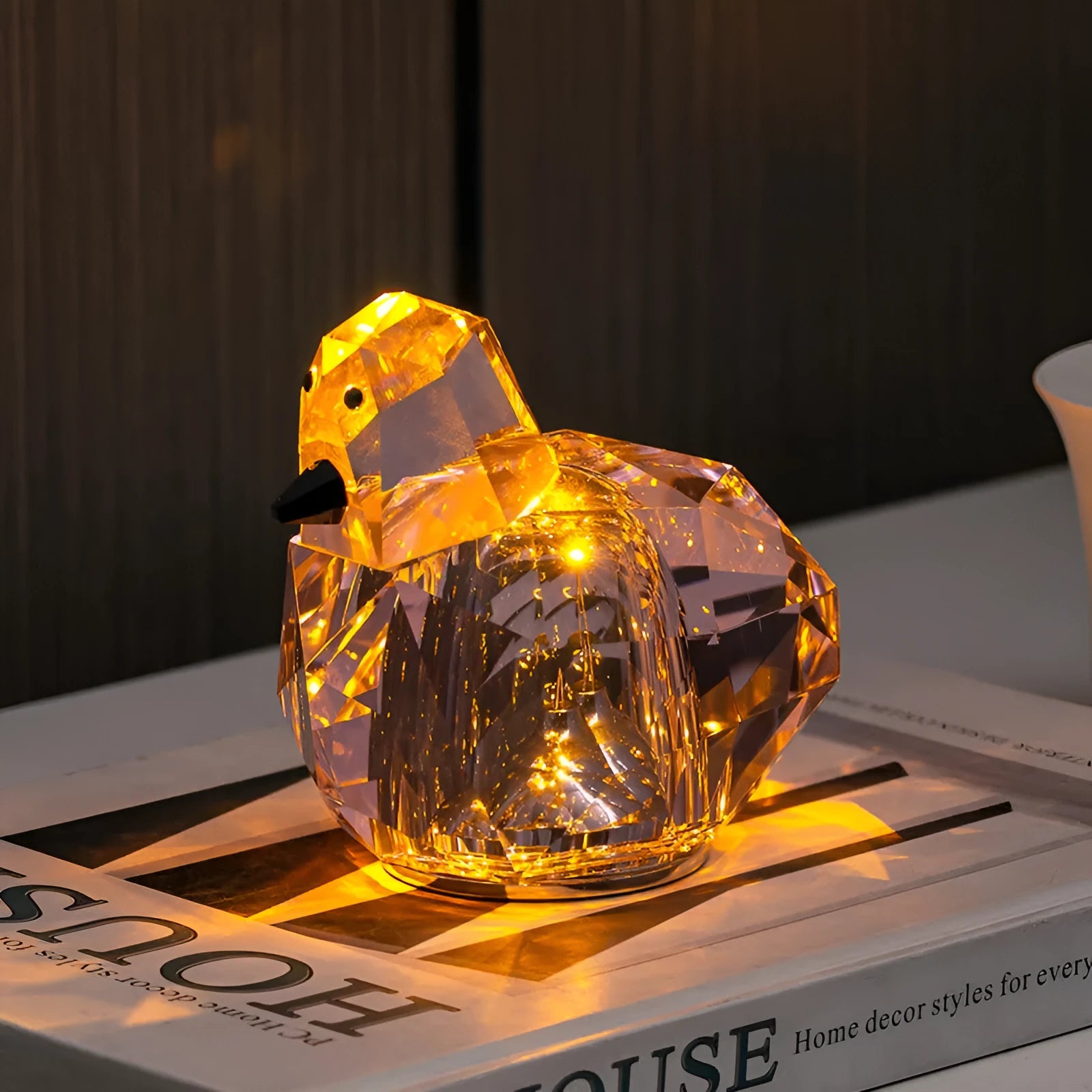 Portable crystal table lamp with 3-level dimming, compact 85x80mm size, available in purple, pink, and transparent colours