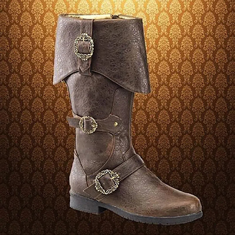 Medieval Renaissance cosplay boots with chunky heel, high shaft, and slip-on style in black, dark brown, or tan