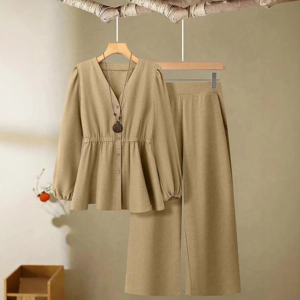 Women's polyester two-piece suit in khaki with long sleeves, button detailing, and matching trousers
