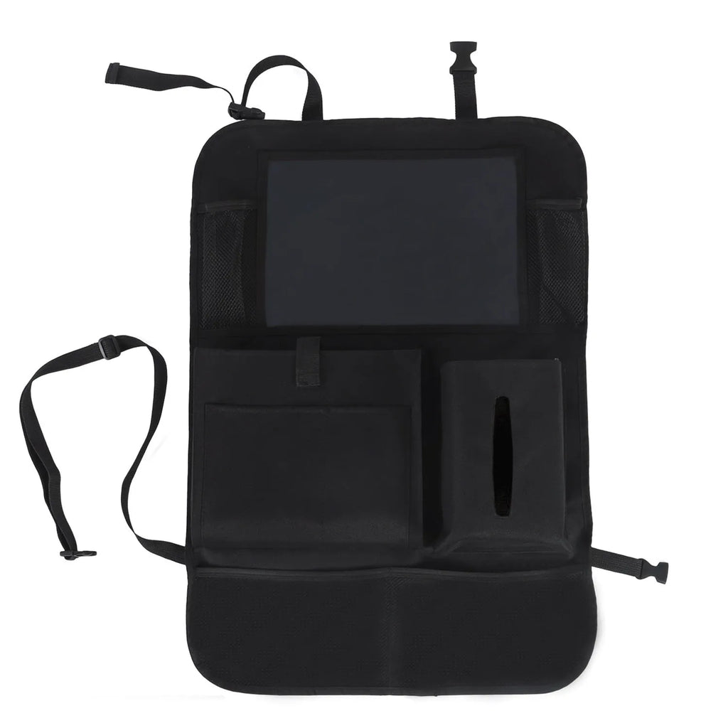 Black car seat back storage pouch with 9 bags and touch screen iPad holder, 61x41cm, 600D Oxford cloth