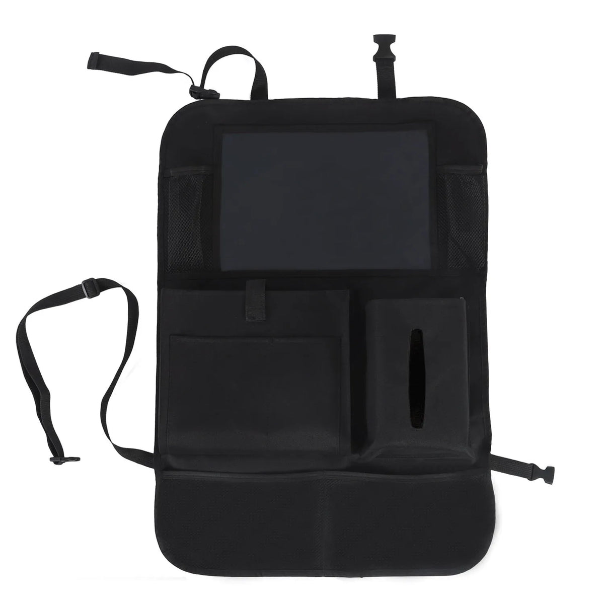 Black car seat back storage pouch with 9 bags and touch screen iPad holder, 61x41cm, 600D Oxford cloth