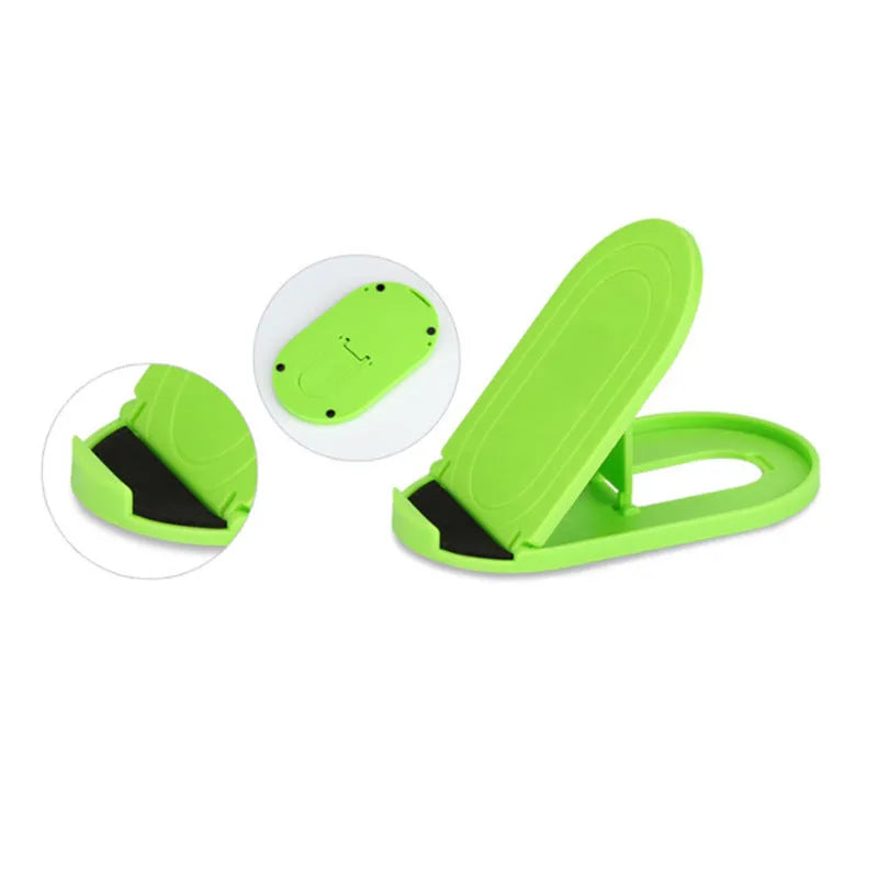 A foldable plastic mobile phone stand in a lazy bracket shape, shown in a selection of colours.