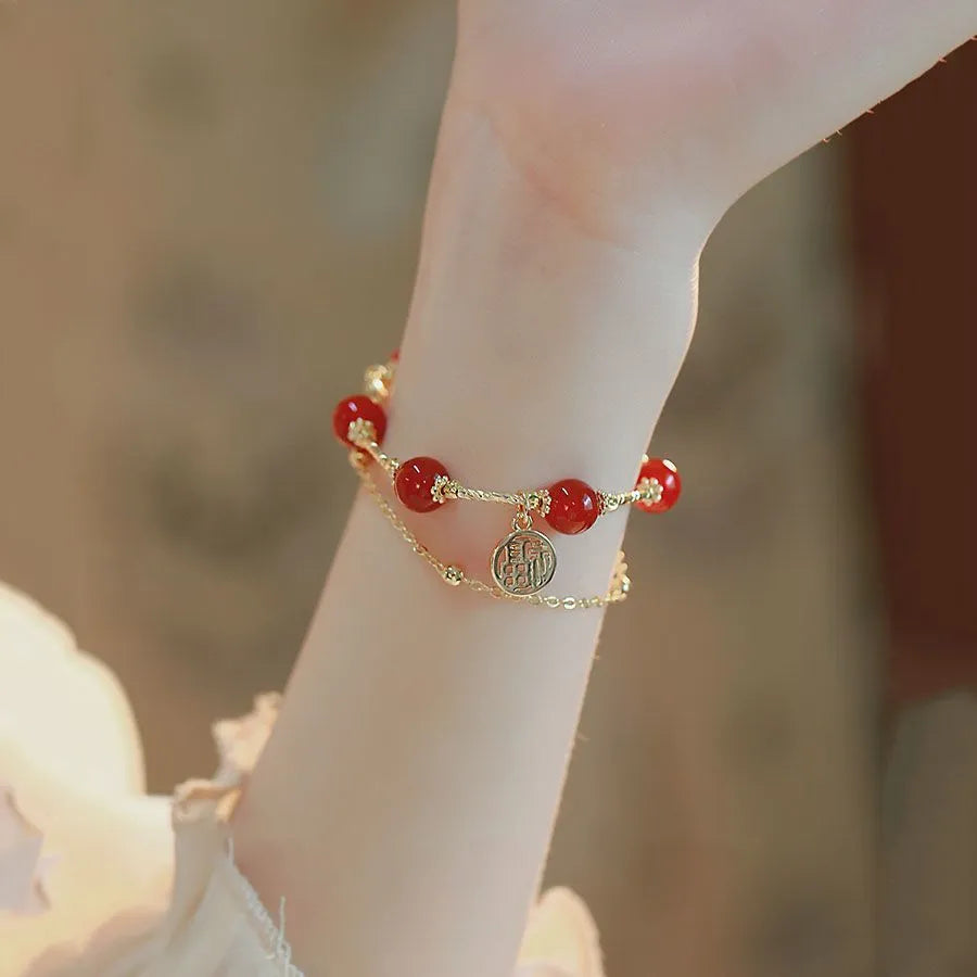 Women's double-layer bracelet with red agate stone and Hongma blessing card charm on adjustable electroplated alloy