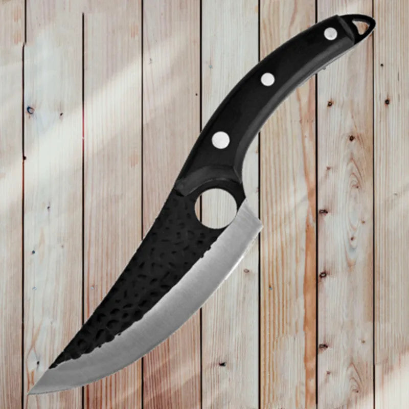 Slaughter and boning knife with curved blade, hammer pattern finish, ring handle, and brown leather sheath.