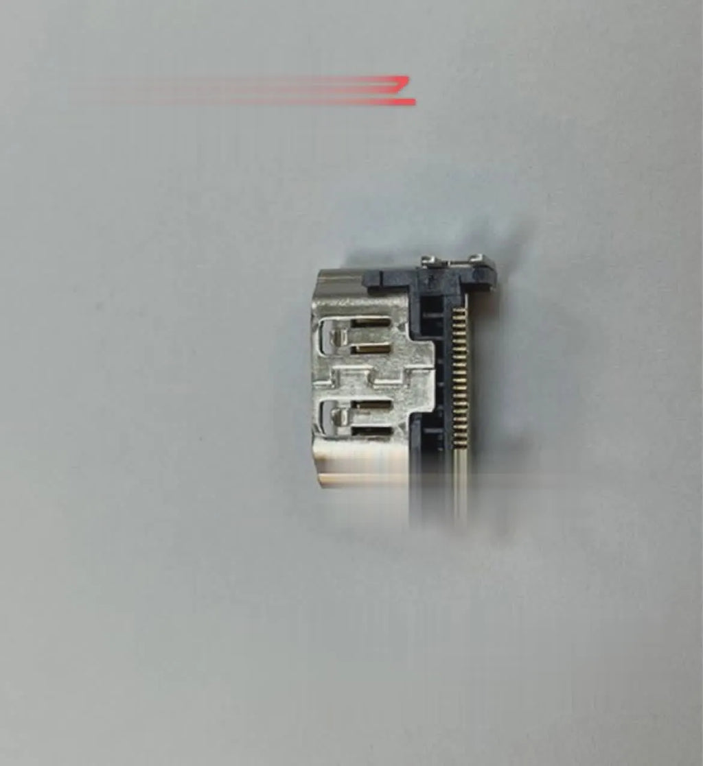 Silver metal HDMI host interface socket connector with mounting holes.