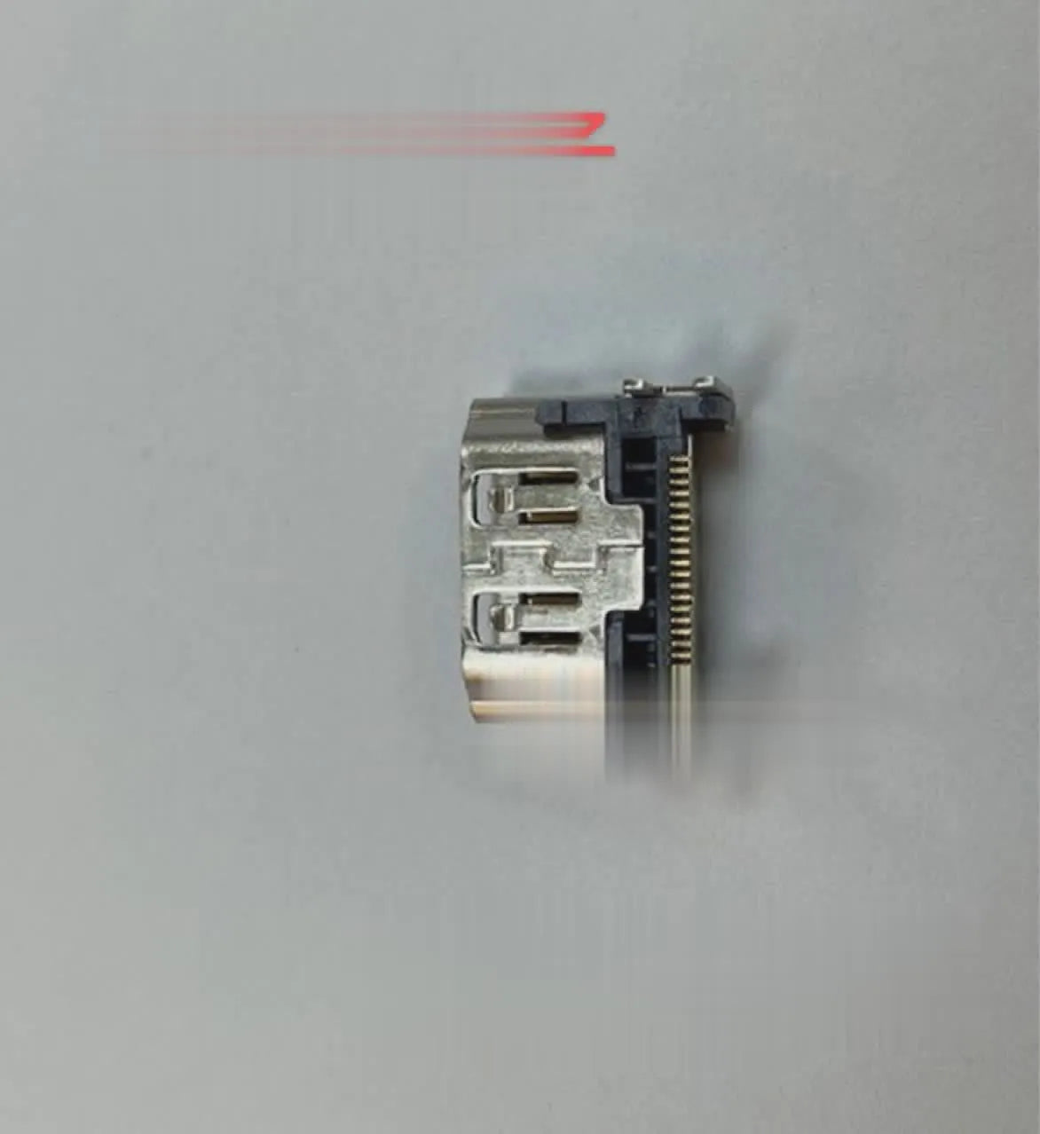 Silver metal HDMI host interface socket connector with mounting holes.