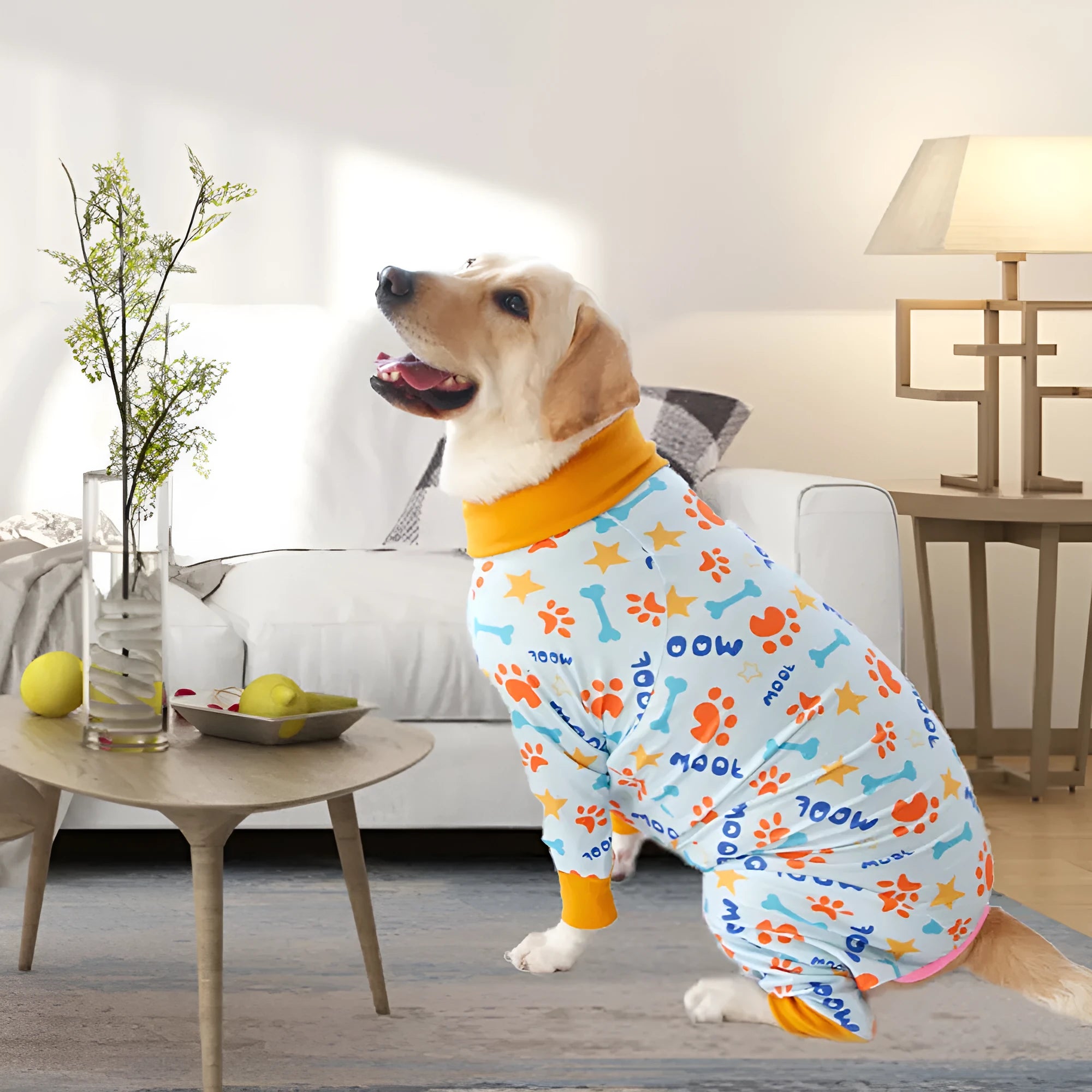 Cotton dog jumpsuit pet clothing in a printed pattern, shown in one of 42 available colours, sized for a small to medium dog.