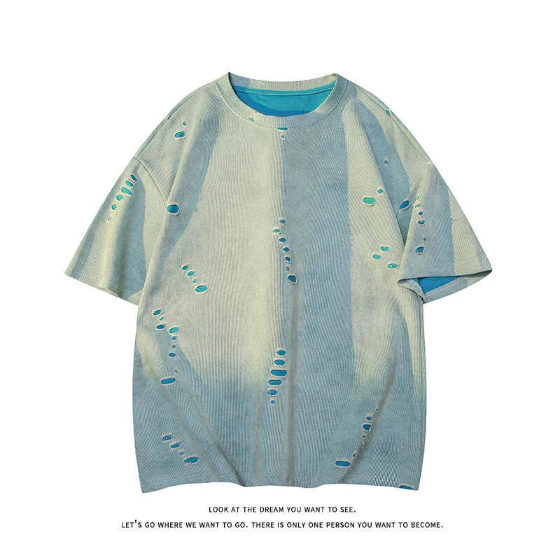 Men's grey cotton blend loose T-shirt with ripped American leisure style details