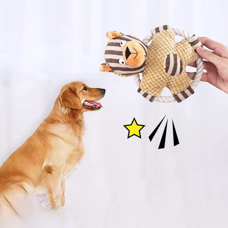 Cotton rope dog toy with canvas and sound, bone and frisbee shapes