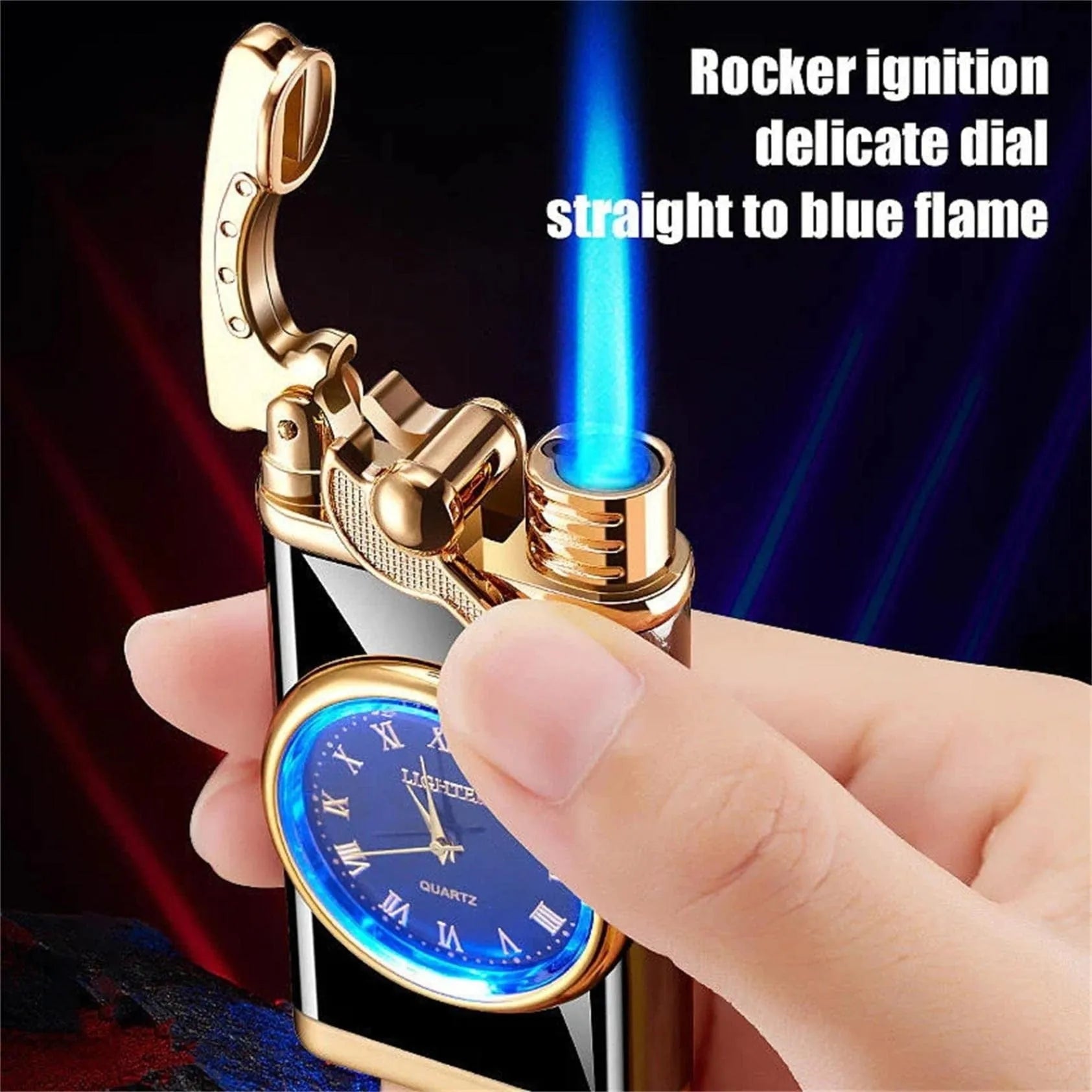 Men's watch-style lighter with digital dial showing time and adjustable blue flame emerging from top.