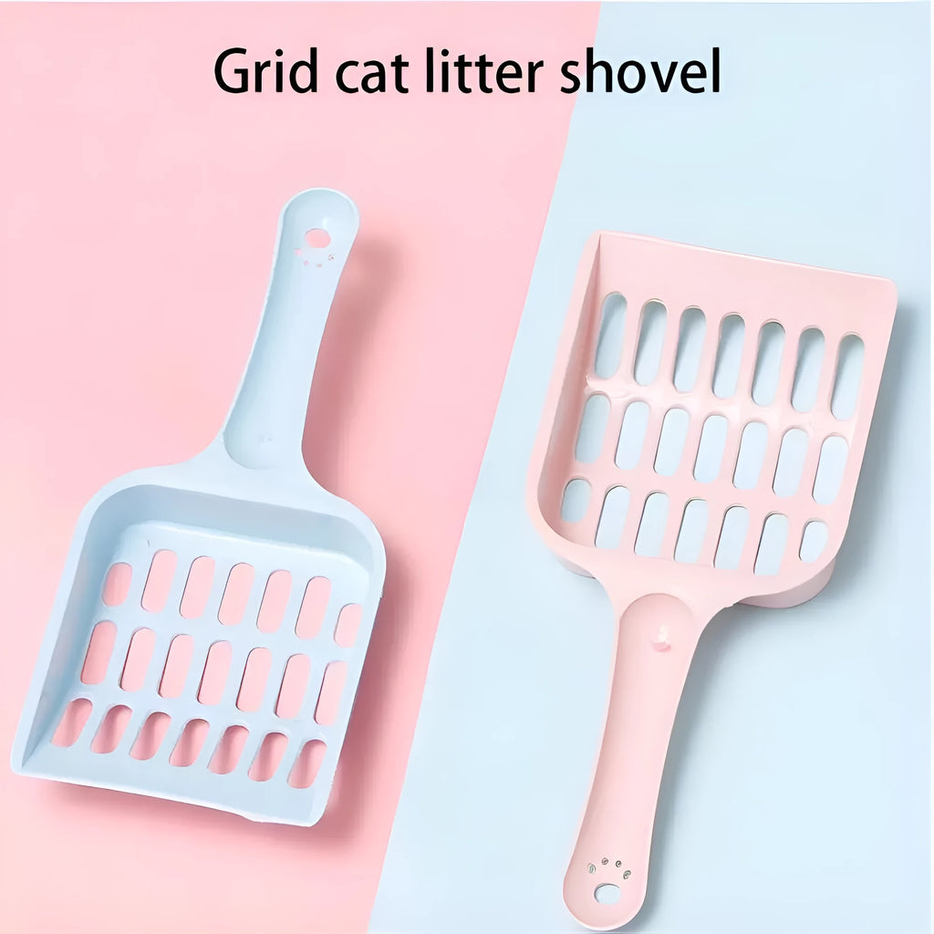 Plastic cat litter scoop in blue, green or pink colours showing 20cm length