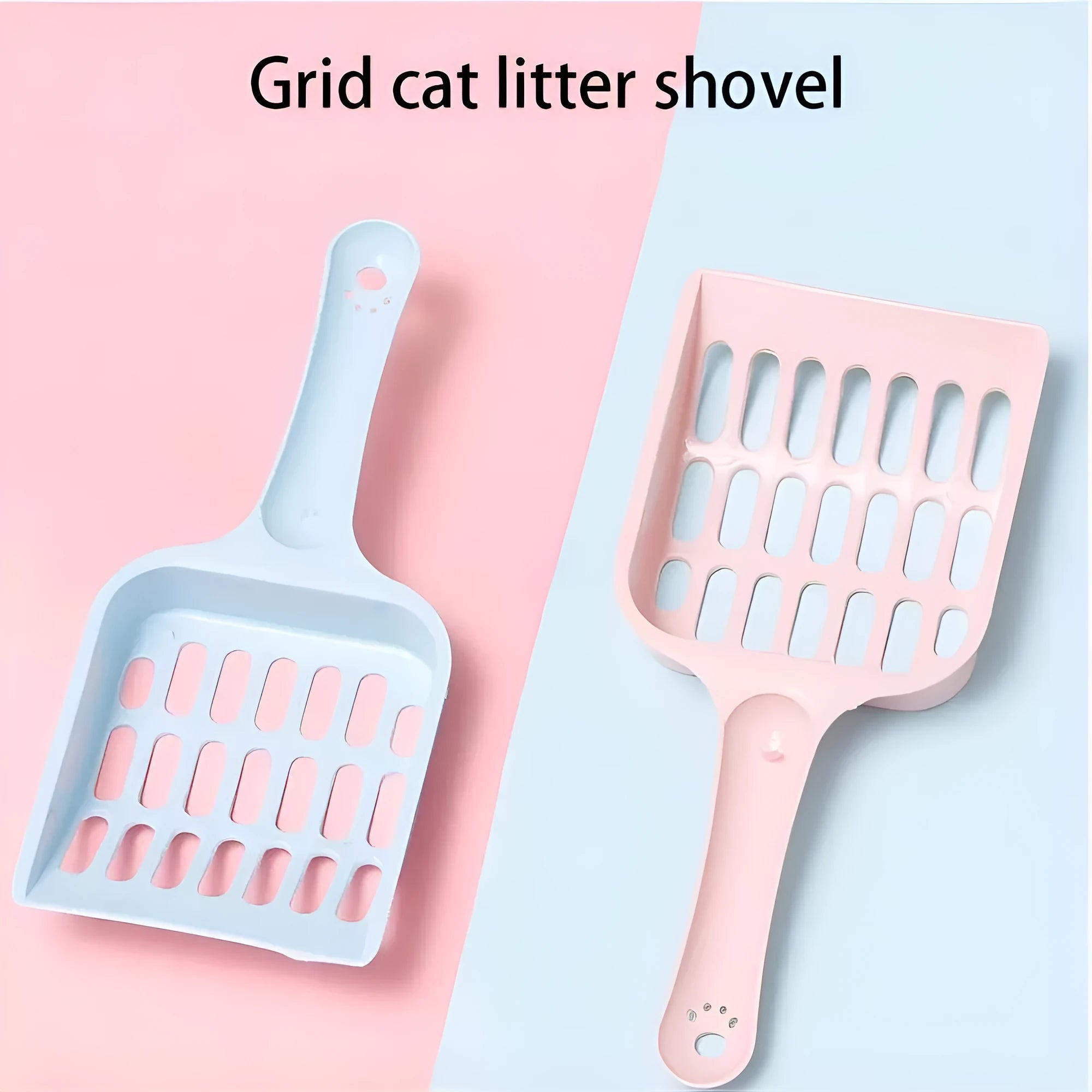 Plastic cat litter scoop in blue, green or pink colours showing 20cm length