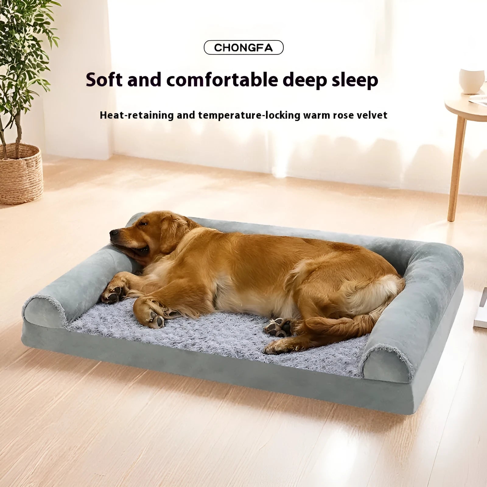 Grey cloth indoor dog kennel with padded walls and a foam cushion, shown in large size.