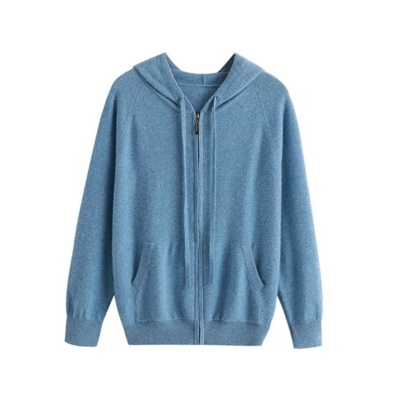Man wearing a grey zip-up hooded cardigan, knitted cashmere blend, light business style.