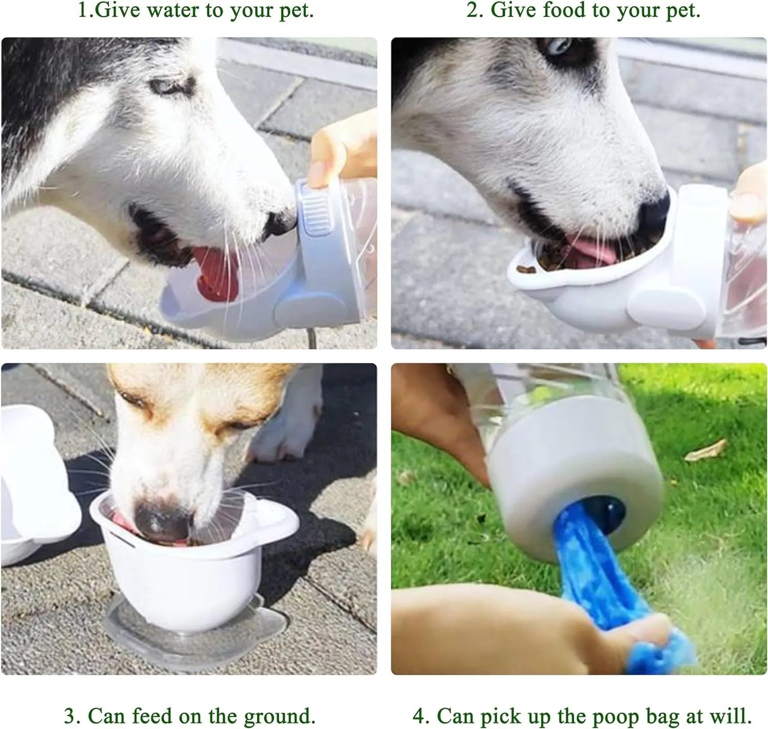 Green 3-in-1 portable pet water bottle with food container and bag dispenser, held by its strap.