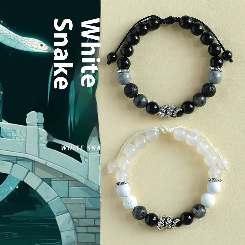 Agate couple bracelet set with blessing snake pattern in black and white options featuring white turquoise accents