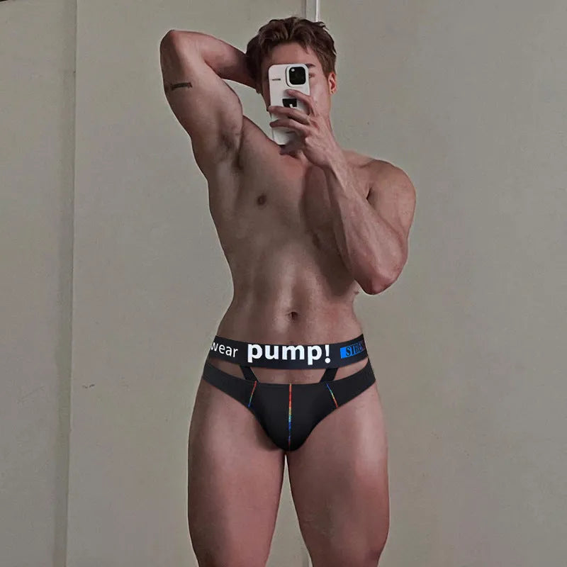 Men's solid black modal briefs with low waist design laid flat