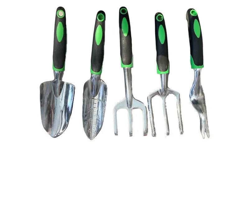 9-piece green aluminium alloy garden tool set with silicone two-colour handles for seedling cultivation