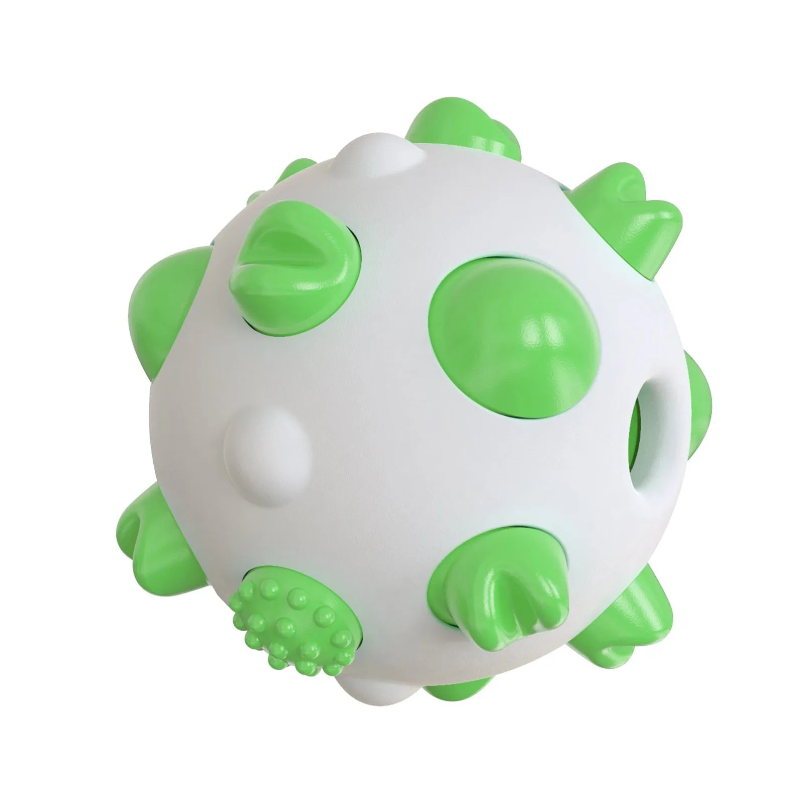 Blue, green and yellow dog teething chew ball toy with serrated bumps and hollow centre.