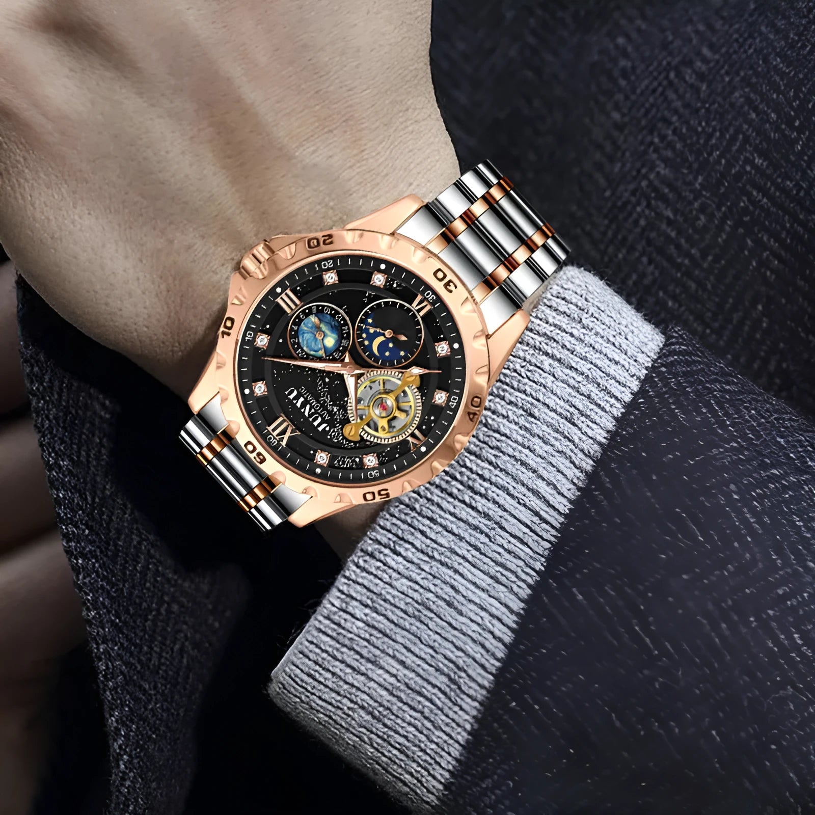 Men's automatic mechanical watch with luminous hands on a wrist, showing silver case and blue face option.