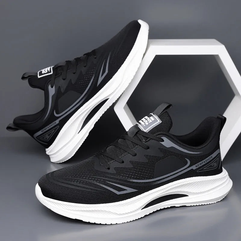 Men's lightweight woven mesh casual shoes in black with a round toe and rubber sole.