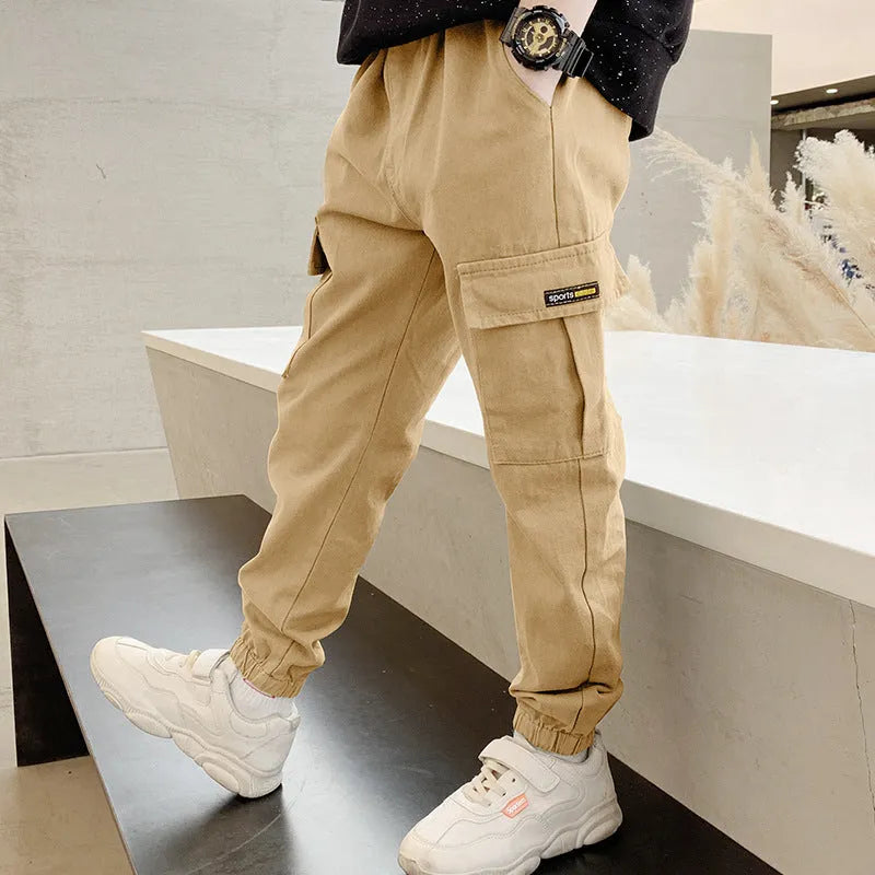 Boys' cotton casual trousers in army green, black or khaki for middle school children aged 8+