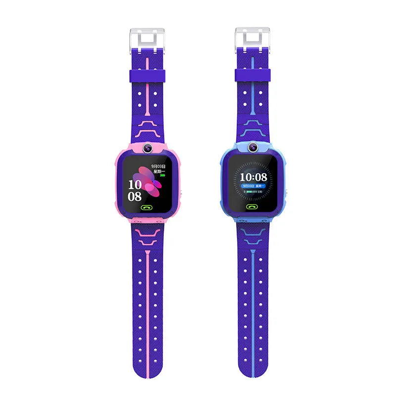 Blue children's waterproof smartwatch with a colour touch screen and silicone strap on a wrist.