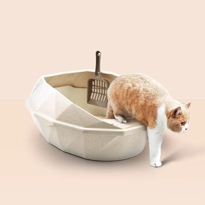 Plastic anti-sputtering semi-enclosed cat litter box in blue with shovel and diamond-shaped pattern