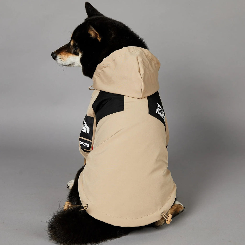 Khaki polyester dog shell jacket shown on a dog, available in sizes S through 5XL