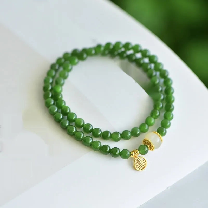 Natural Hetian jade double circle bracelet with fu character engraving