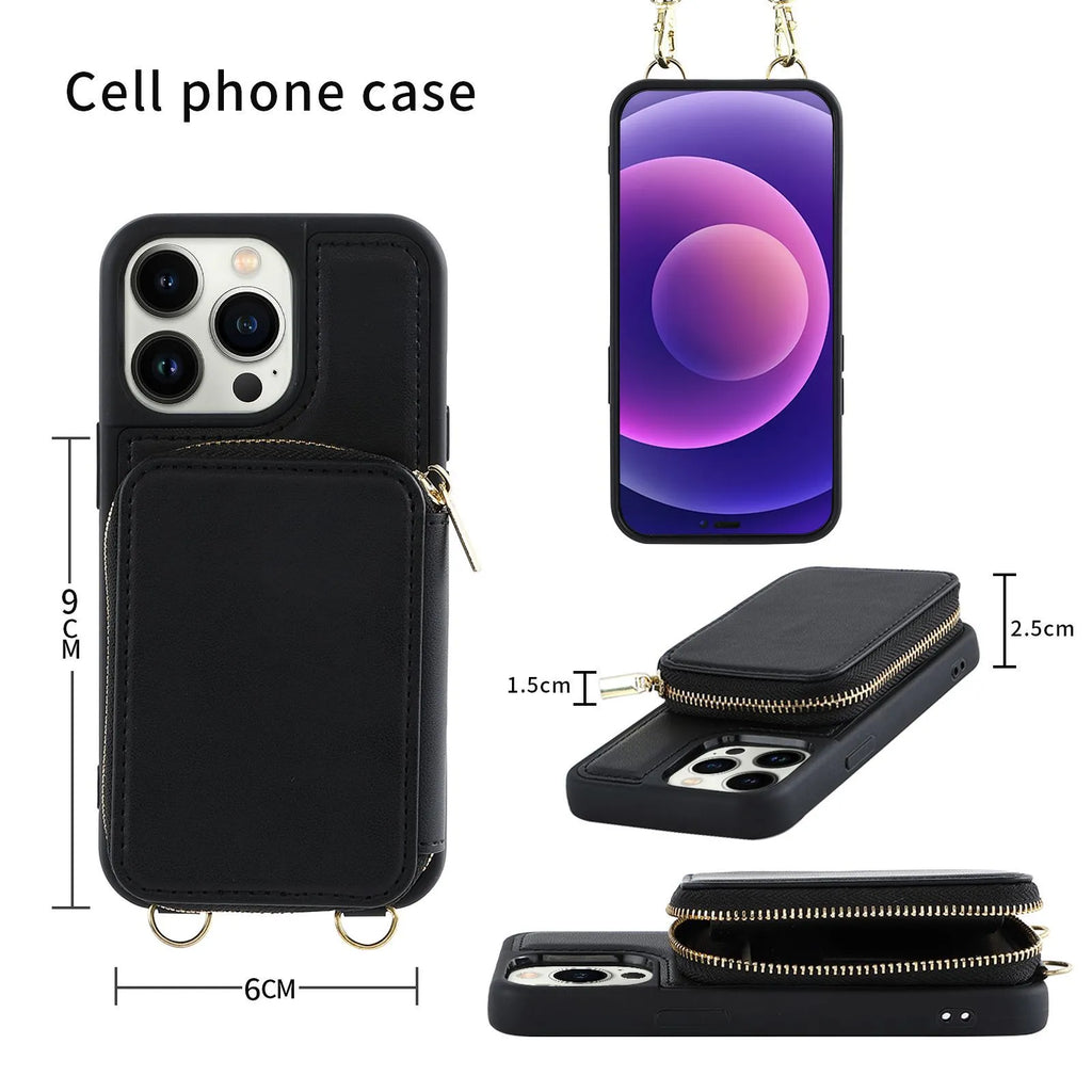 Black iPhone 14 Pro wallet case with zipper, card slots, and detachable crossbody lanyard on a wooden surface