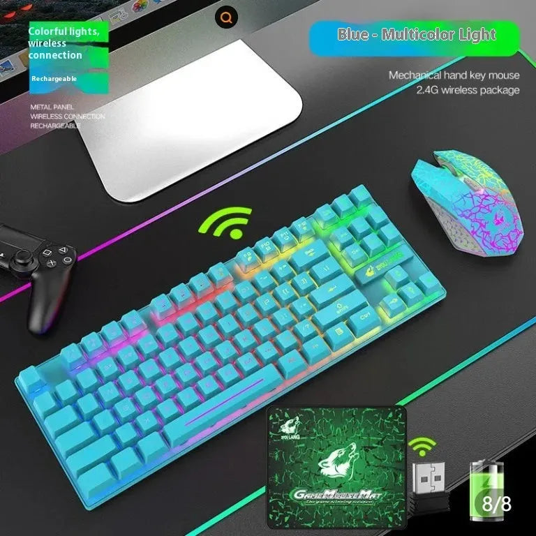 T3 wireless charging keyboard and mouse set with backlit rainbow keys on a desk